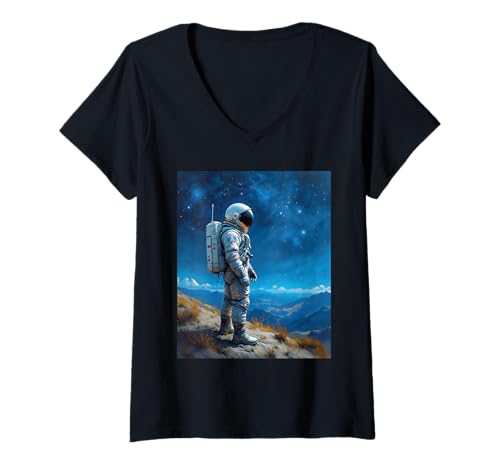 Damen Astronautenmalerei Visionär Rakete Weltraumforscher Ingenieur T-Shirt mit V-Ausschnitt von Astronaut Outer Space Cosmic Explorer Galaxy Fans