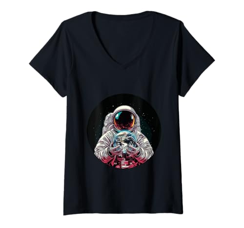 Damen Die Erde des Astronauten umarmt eine Vision galaktischer Wunder T-Shirt mit V-Ausschnitt Damen Die Erde des Astronauten umarmt eine Vision galaktischer Wunder T-Shirt mit V-Ausschnitt von Astronaut Space Planet Earth Cool Job