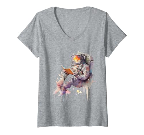 Damen Astronaut Lesebuch im Weltraum Universum Kunst T-Shirt mit V-Ausschnitt von Astronaut Space Reading Adventure Thrill