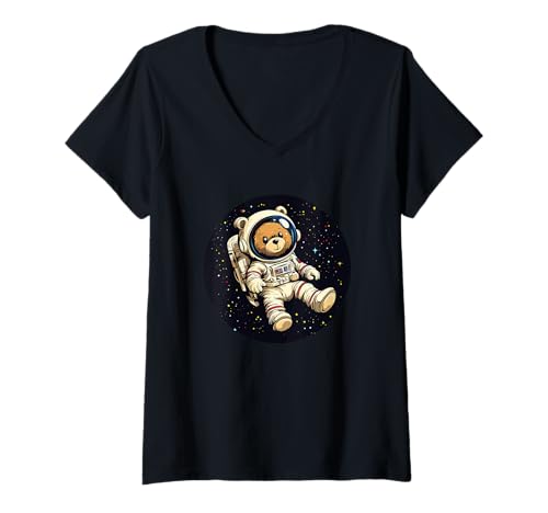 Damen Lustiges Teddybär-Kostüm Astronaut in Schwerkraft T-Shirt mit V-Ausschnitt Damen Lustiges Teddybär-Kostüm Astronaut in Schwerkraft T-Shirt mit V-Ausschnitt von Astronaut Teddy Bear