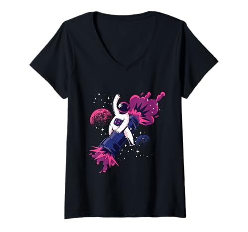Damen Ab ins All: Astronaut auf einer Bazooka T-Shirt mit V-Ausschnitt Damen Ab ins All: Astronaut auf einer Bazooka T-Shirt mit V-Ausschnitt von Astronaut Weltraum Space Shuttle Mondlandung Mond