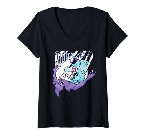Damen Astronaut vs. Alien - Welcome to America T-Shirt mit V-Ausschnitt Damen Astronaut vs. Alien - Welcome to America T-Shirt mit V-Ausschnitt von Astronaut Weltraum Space Shuttle Mondlandung Mond