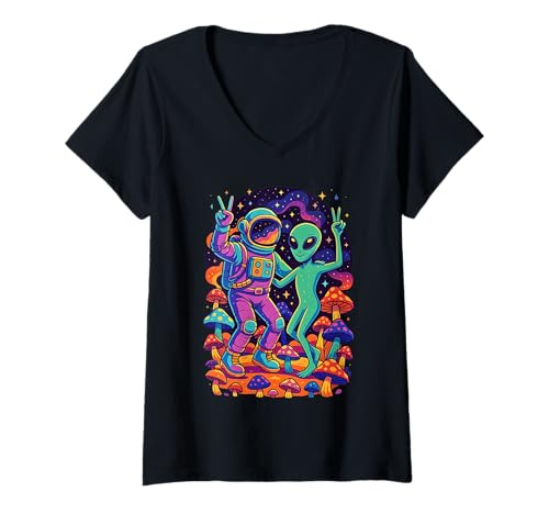 Damen Ausgefallene EDM Rave Outfits Festival Elektronische Musik T-Shirt mit V-Ausschnitt Damen Ausgefallene EDM Rave Outfits Festival Elektronische Musik T-Shirt mit V-Ausschnitt von Astronauten Alien Plur EDC Jungen Mädchen Teenager
