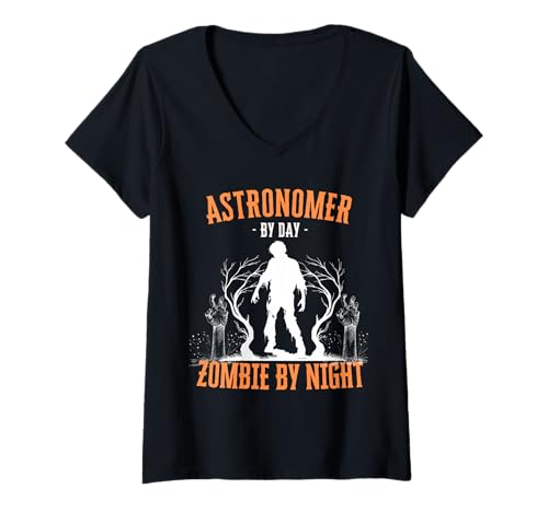 Damen Astronomer bei Tag Zombie bei Nacht Lustig Halloween Gruselig T-Shirt mit V-Ausschnitt von Astronomer Halloween Career Costumes