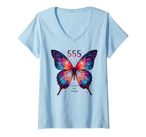 Damen 555 Engel Nummer Umarmung der Veränderung Schmetterling Spirituell T-Shirt mit V-Ausschnitt Damen 555 Engel Nummer Umarmung der Veränderung Schmetterling Spirituell T-Shirt mit V-Ausschnitt von Astronomical Apparel