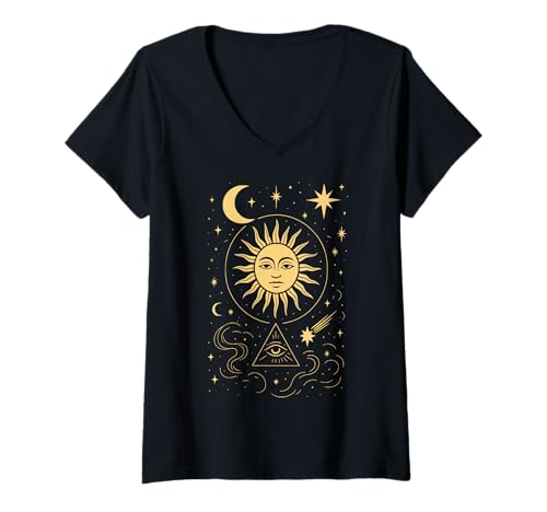 Damen Himmlisches Sonnen- und Monddesign, esoterische, mystische Grafik für T-Shirt mit V-Ausschnitt von Astronomical Apparel