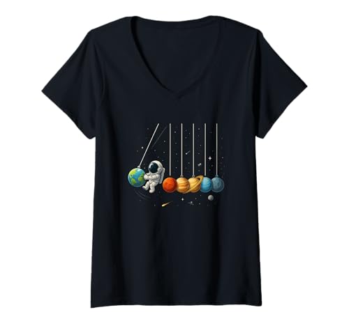 Damen Lustiges Weltraum Planeten Newton Pendel Shirt T-Shirt mit V-Ausschnitt von Astronomie Physik Wissenschaft Humor Weltraum