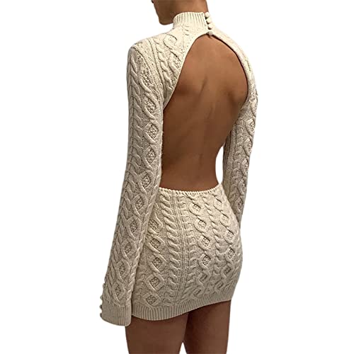 Aststle Frauen Sexy Neckholder Bodycon Pulloverkleid Rollkragen Langarm Zopfmuster Herbst Rückenfrei Einteiler Pullover Kleider Club Streetwear, beige, Small von Aststle