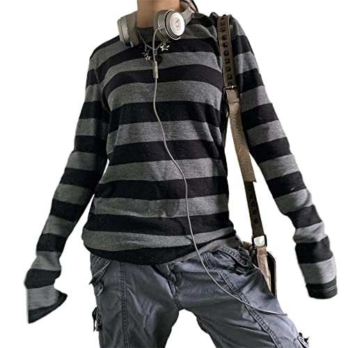 Damen Casual Y2K Oversized Sweatshirt Langarm Rundhalsausschnitt Loose Fit Streifen T-Shirt Vintage Ästhetisch Pullover Tops, A# Schwarz Grau gestreift, 38 von Aststle
