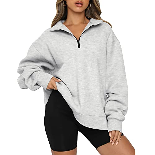 Damen Oversize Half Zip Pullover Sweater Langarm 1/4 Zip Drop Shoulder Sweatshirt Casual Cute Solid Jumper Top, B# Sweatshirt grau, L von Aststle