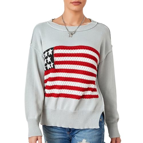 Damen-Pullover mit amerikanischer Flagge, langärmelig, Rundhalsausschnitt, Y2K, ästhetische Fee, Grunge-Strickoberteil, A Grey, 46 von Aststle