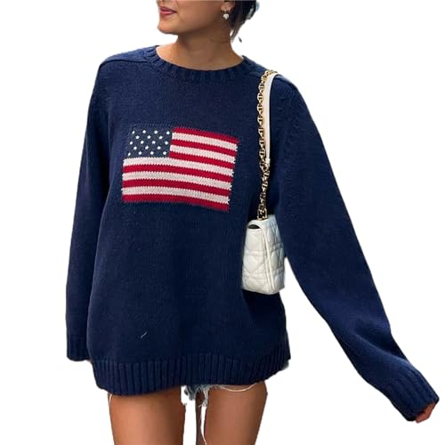 Damen-Pullover mit amerikanischer Flagge, langärmelig, Rundhalsausschnitt, Y2K, ästhetische Fee, Grunge-Strickoberteil, B Blau, 42 von Aststle