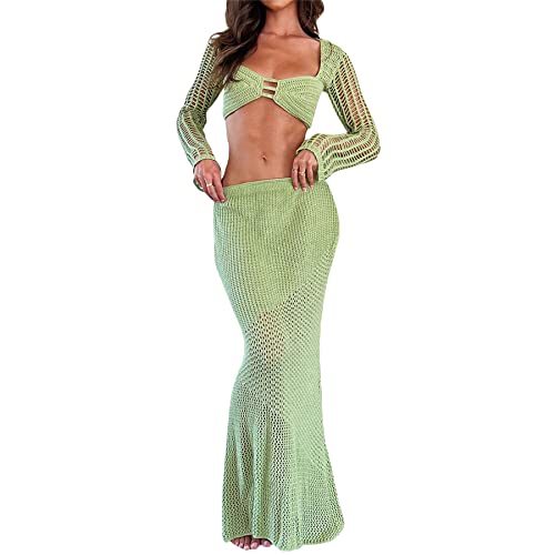 Damen Strick-Badeanzug Cover Up Y2K Zweiteilige Outfits Ärmellos Cropped Tank Top Hohe Taille Strand Maxi Rock Set, Langarm Grün, M von Aststle