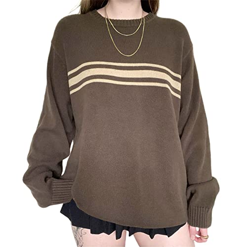 Damen Y2K Langarm Rundhals Oversized Pullover Fairy Grunge Ästhetische Grafik Strickpullover Pullover Strickwaren Top, D# Braun, M von Aststle