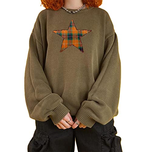 Damen Y2K Langarm Rundhals Oversized Pullover Fairy Grunge Ästhetische Grafik Strickpullover Pullover Strickwaren Top, I# Brown, M von Aststle