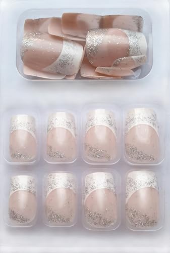 Künstliche Nägel, zum Aufdrücken, mittelgroß, quadratisch, Glitzer-Dekor, Nagelkunst, elegante französische Maniküre für Damen, Teenager, Mädchen, Silber-Weiß-Rosa, 24 Stück Künstliche Nägel, zum Aufdrücken, mittelgroß, quadratisch, Glitzer-Dekor, Nagelkunst, elegante französische Maniküre für Damen, Teenager, Mädchen, Silber-Weiß-Rosa, 24 Stück von Astuccio