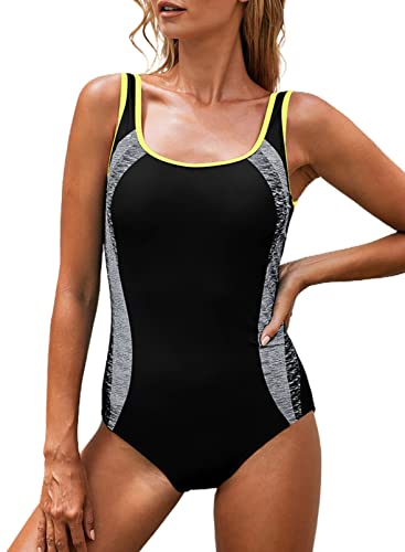 Astylish Damen Badeanzug Bequemer Chic Damen Badeanzug Racerback Tankini Sexy Badeanzug Farbverlauf Kreuz Rückseite Einteiler Swimsuit Schwarz Mittel von Astylish