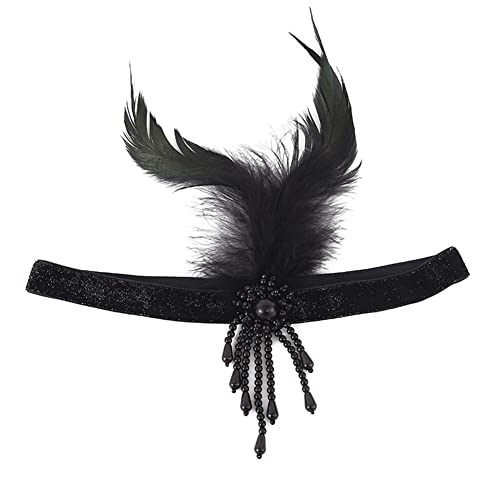 1920er Flapper Haarband,Asudaro Feder Strass Haarband Quaste Perlen Stirnband Elastische Feder Haar Zubehör Dekorative Kopfschmuck Frauen Great Gatsby Stirnband für Aufführungen Party Schwarz von Asudaro