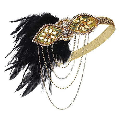 1920er Jahre Flapper Stirnband, 20er Jahre Feder Haarband Gatsby Haarreif Fascinator Hat Vintage Feder Festival Haarschmuck Kristall Kopfschmuck Gatsby Party Zubehör für Frauen Gelb von Asudaro