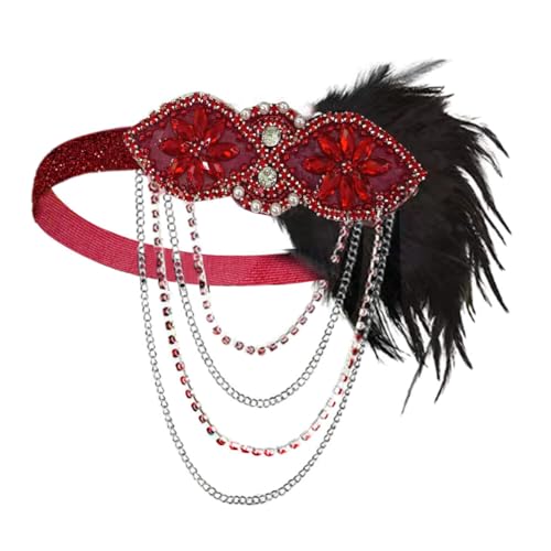 1920er Jahre Flapper Stirnband, 20er Jahre Feder Haarband Gatsby Haarreif Fascinator Hat Vintage Feder Festival Haarschmuck Kristall Kopfschmuck Gatsby Party Zubehör für Frauen Weinrot von Asudaro