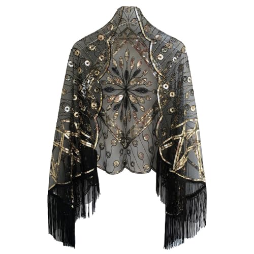 1920er Jahre Pailletten Schal Wraps Abendumhang mit Quaste Retro Umschlagtücher Wickelschal Party Bankett Vintage Flapper Abendkleider Stola für Gatsby Kostüm Accessoires schwarzes Gold von Asudaro