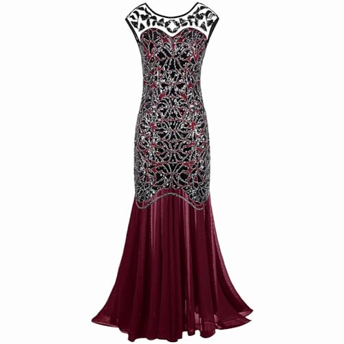 1920s Art Deco Fringed Sequin Dress Flapper Kleid Ärmellos Vintage Abendkleid Paillettenkleid Formale Hochzeit Abendkleid Party Cocktailkleider Damen Fasching Kostüm Kleid Schwarz Rot von Asudaro