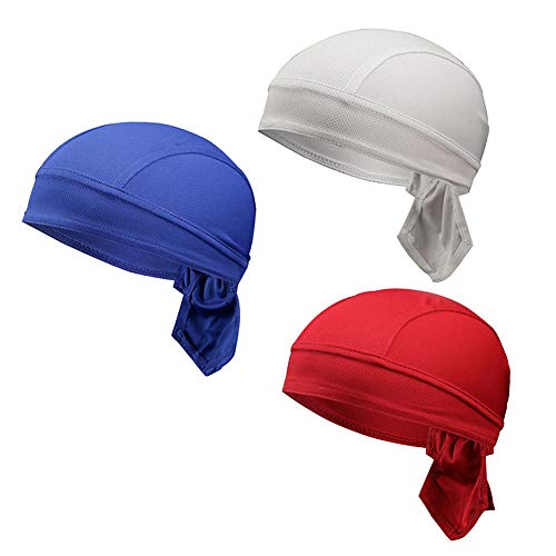 3 Stück Sport Kopfbedeckung Bandana Cap Kopftuch Atmungsaktiv Schädelkappe Fahrradmütze UV Schutz Stirnband Piratenhut Funktions Kappe Pirat Radfahren Radsport-Mützen Halstuch Blau + Grau + Weinrot von Asudaro