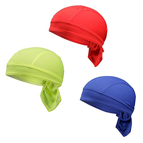 3 Stück Sport Kopfbedeckung Bandana Cap Kopftuch Atmungsaktiv Schädelkappe Fahrradmütze UV Schutz Stirnband Piratenhut Funktions Kappe Pirat Radfahren Radsport-Mützen Halstuch Rot + Grün + Blau von Asudaro