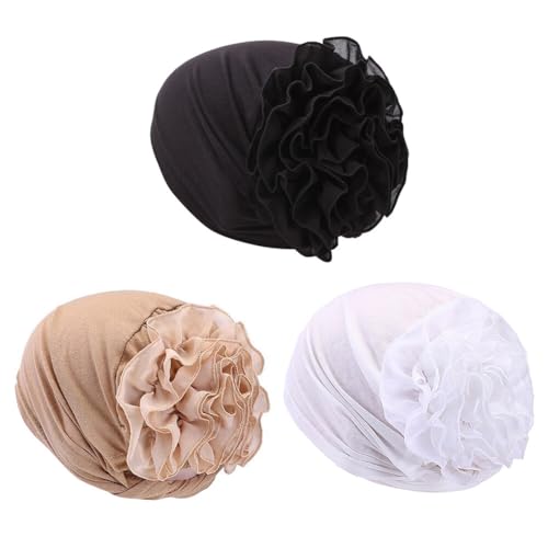 Asudaro 3 Stück Frauen Turban Beanie Hut Chemo Blume Stirnband Nackenwärmer Beanie Cap Elastische Baumwollmütze Haarausfall Mützen Haarausfall Hut Muslimische Chemotherapie Cap Kopftuch Typ 1 von Asudaro