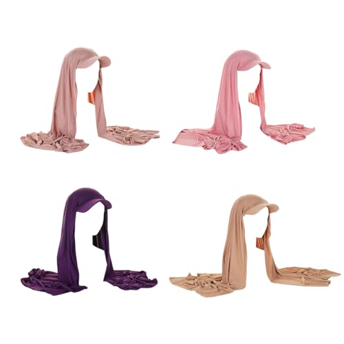 Asudaro 4pcs Frauen Hijab Kopfbedeckung Baseballmütze & Schal 2-in-1-Kopftuch Wrap Schal Turban Stirnband Headwrap Hut Sonnenschutz Chemo Krebs Cap Fleischrosa+Dunkelrosa+Dunkelviolett+Erdiges Gelb von Asudaro