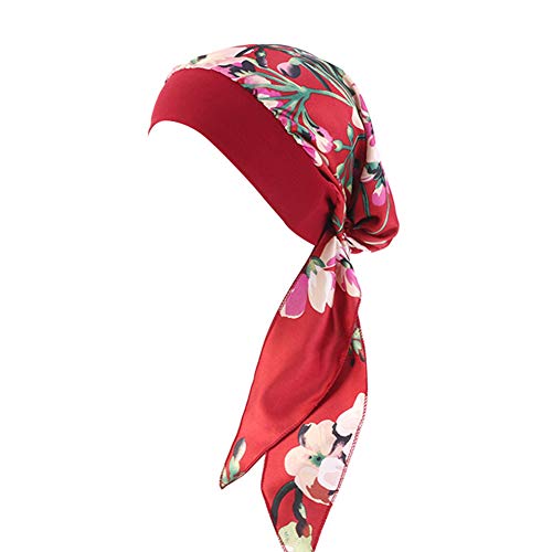 Asudaro Damen Elegante Elastic Stirnband Bandana Kopftuch Wrap Headscarf Beanie Hut Muslim Kopfschmuck Schal Turban Chemo Kopfbedeckung für Haarverlust Krebs Chemotherapie Blumenwein Rot von Asudaro