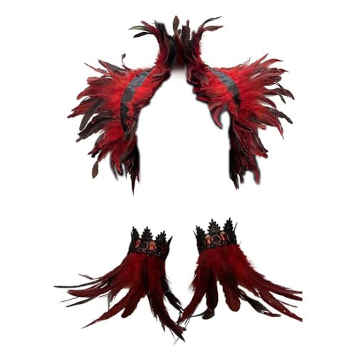 Asudaro Damen Federschmuck Gothic Feder Handgelenk Manschetten für Frauen natürliche Feder Shrug Cape Schals Feder Cape Feder Halsband Kragen Kostüm für Halloween Cosplay Rot von Asudaro