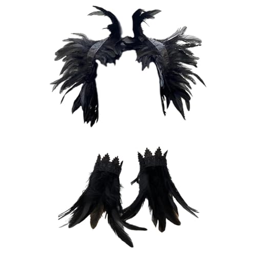 Asudaro Damen Federschmuck Gothic Feder Handgelenk Manschetten für Frauen natürliche Feder Shrug Cape Schals Feder Cape Feder Halsband Kragen Kostüm für Halloween Cosplay Schwarz von Asudaro