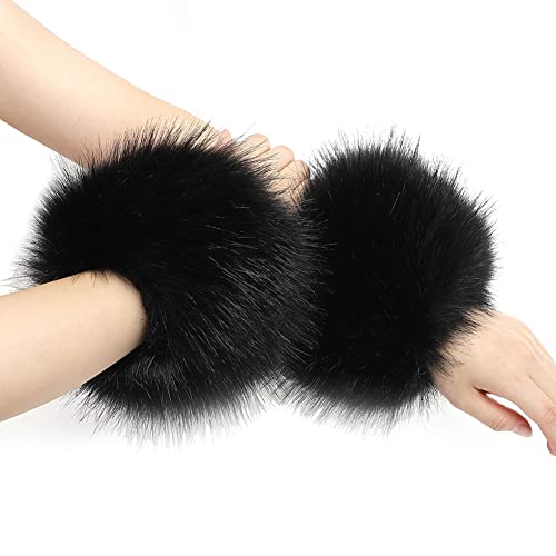 Asudaro Damen Fell Manschette Stulpen Pulswärmer Faux Pelz Armstulpen Faux Fur Wrist Band Ring Cuffs Wärmer Winter Warme Wrist Band Cuffs Wärmer Handschuh Manschetten für Frauen Schwarz von Asudaro