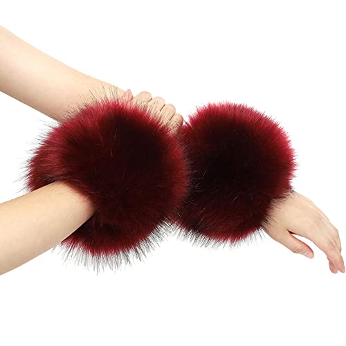 Asudaro Damen Fell Manschette Stulpen Pulswärmer Faux Pelz Armstulpen Faux Fur Wrist Band Ring Cuffs Wärmer Winter Warme Wrist Band Cuffs Wärmer Handschuh Manschetten für Frauen Weinrot von Asudaro