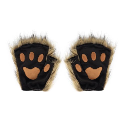 Asudaro Damen Katze Pfote Handschuhe, Cosplay Plüsch Fingerlose Fäustlinge Niedliche Cartoon Kunstpelz Plüsch Katzen Handschuhe für Halloween Weihnachten Festival Geburtstag Party Favors Blassgelb von Asudaro