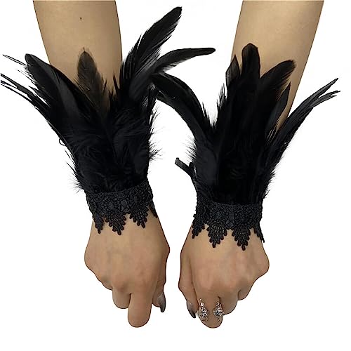 Asudaro Damen Kostüme Manschetten, Frauen Feder Handgelenk Manschetten Gothic Feder Manschette Spitze Fingerlose Vintage Feder Lange Handschuhe Armbänder Karneval Kostüm Accessoire Typ 01 von Asudaro