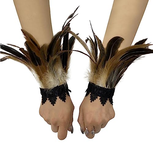 Asudaro Damen Kostüme Manschetten, Frauen Feder Handgelenk Manschetten Gothic Feder Manschette Spitze Fingerlose Vintage Feder Lange Handschuhe Armbänder Karneval Kostüm Accessoire Typ 06 von Asudaro