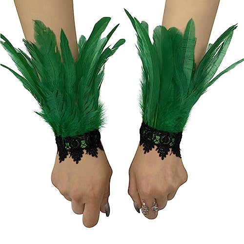 Asudaro Damen Kostüme Manschetten, Frauen Feder Handgelenk Manschetten Gothic Feder Manschette Spitze Fingerlose Vintage Feder Lange Handschuhe Armbänder Karneval Kostüm Accessoire Typ 12 von Asudaro