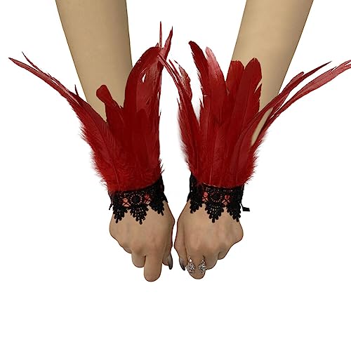 Asudaro Damen Kostüme Manschetten, Frauen Feder Handgelenk Manschetten Gothic Feder Manschette Spitze Fingerlose Vintage Feder Lange Handschuhe Armbänder Karneval Kostüm Accessoire Typ 16 von Asudaro