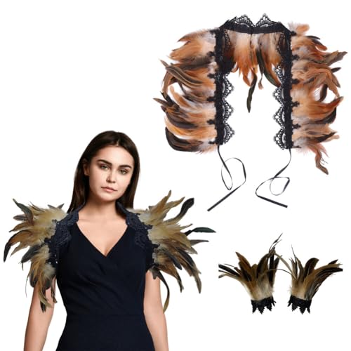 Asudaro Damen Natural Feather Gothic Feder Achselzucken Schalkragen Handgelenk Armbänder Gothic Feder Handgelenk Punk Gothic Halloween Karneval Party Ball von Asudaro