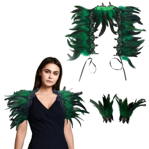 Asudaro Damen Natural Feather Gothic Feder Achselzucken Schalkragen Handgelenk Armbänder Gothic Feder Handgelenk Punk Gothic Halloween Karneval Party Ball von Asudaro