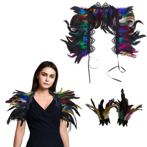 Asudaro Damen Natural Feather Gothic Feder Achselzucken Schalkragen Handgelenk Armbänder Gothic Feder Handgelenk Punk Gothic Halloween Karneval Party Ball von Asudaro