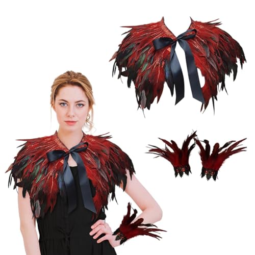 Asudaro Damen Natural Feather Gothic Feder Achselzucken Schalkragen Handgelenk Armbänder Gothic Feder Handgelenk Punk Gothic Halloween Karneval Party Ball von Asudaro