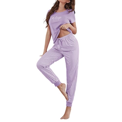 Asudaro Damen Schlafanzug Set, Weicher und Atmungsaktiver Kurzärmeliger Schlafanzug Hose, Frauen Zweiteiliger Pjs Sets Schlafhose Kariert Schlafanzüge Sleepwear für Sommer oder Herbst Helles Lila von Asudaro