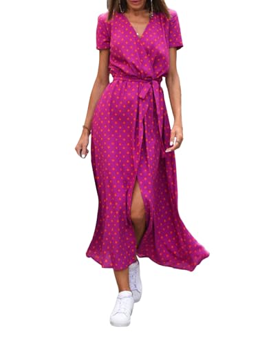 Asudaro Damen V-Ausschnitt Kleid Bedrucktes Sommerkleid 2024 Volantrock Schleifendetail Rot von Asudaro