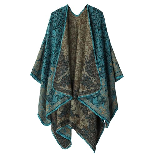 Asudaro Damen Winter Poncho Schal,Doppelseitiger Quastenumhang-Palastklassiker,Strick Poncho Stola Wrap,Poncho-Strickjacke mit offener Vorderseite für Frau Mädch Festliche Geschenke(Türkis) von Asudaro