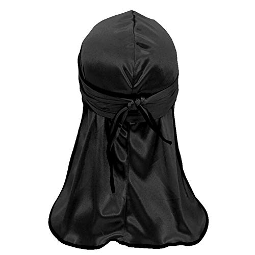 Asudaro Durag Hut, Sports Bandana Kopftuch Piratenhut mit Langem Schwanz Satin Seidenkopf Durag Turban Hat Farbverlauf Headwrap Kopfbedeckung Chemo Cap Unisex Stirnband Reitkappe Schwarz von Asudaro