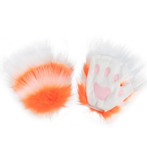 Asudaro Frauen Bär Plüsch Katze Tatze Klaue Halbe Finger Handschuh Kunstpelz Katze Pfote Fingerlose Handschuhe Fäustlinge Winterhandschuhe Warme Outdoor Sport Fahrradhandschuhe orange von Asudaro