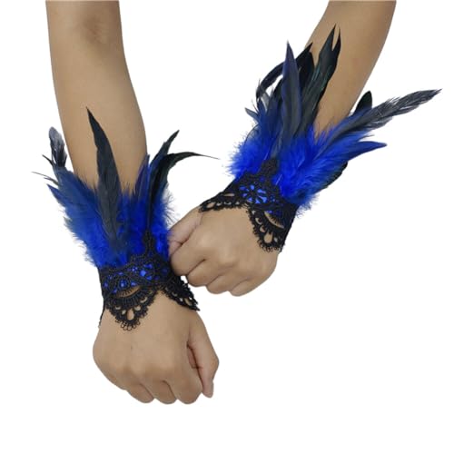 Asudaro Frauen Feder Handgelenk Manschetten, 1pair Floral Lace Armbänder Gothic Mesh Armband Lange Handschuhe Armstulpen Arm Stulpe Handschuhe Armschmuck für Cosplay Halloween Party Kostüm Königsblau von Asudaro